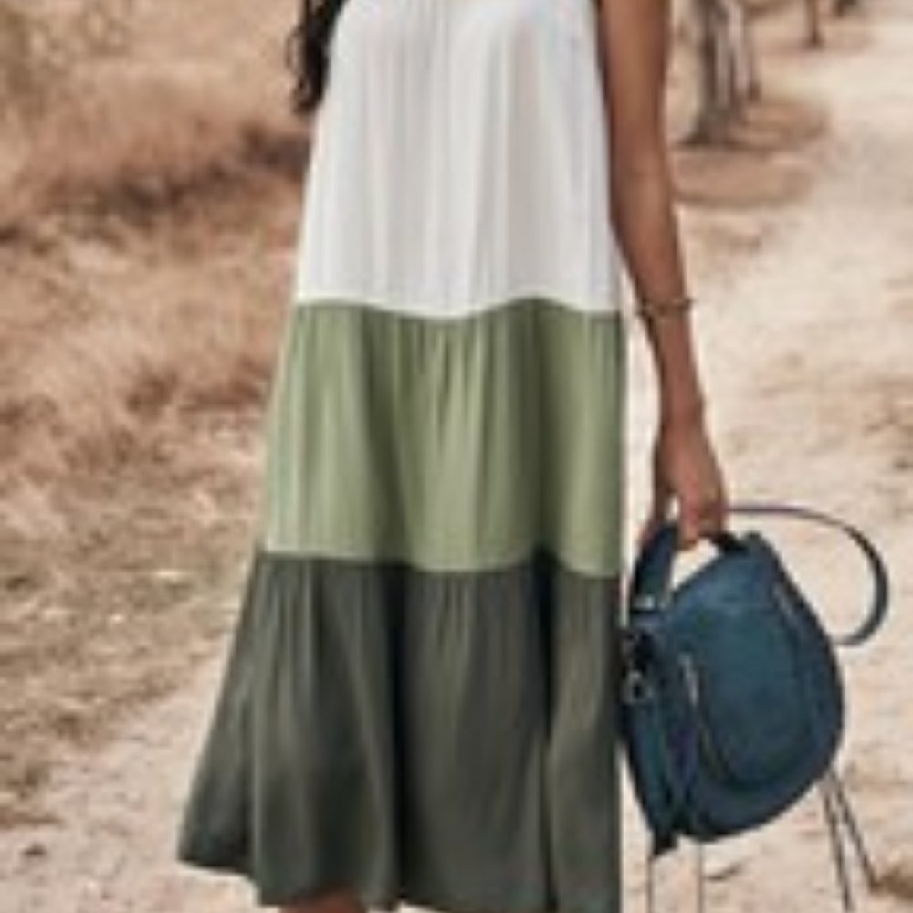 Olive, Khaki and Crème Colored Block Summer Dress, Knee Length